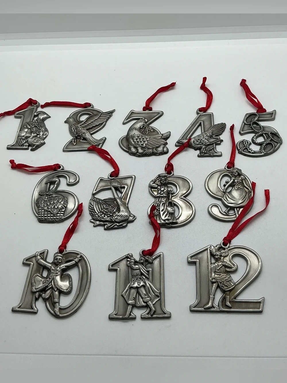 Set of 12 Days of Christmas Metal Pewter Number Hanging Ornaments Silver Color